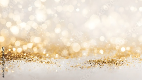 Gold glitter confetti on a white background. Festive abstract background. Gold glitter luxury sparkling confetti. Golden glitter background with bokeh defocused lights