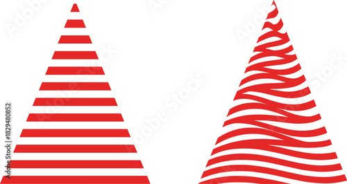 Abstract Christmas tree duo featuring one cone with straight horizontal stripes and another with dynamic, flowing, wavy lines, rendered in bold red and white graphic vector style.