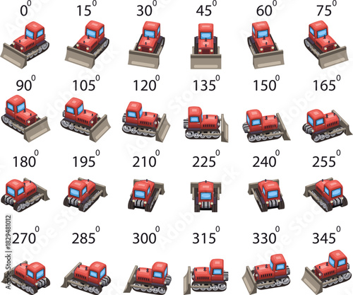 A set of 24 cartoon Bulldozer in isometric. A colorful vector illustration set of a cartoon style bulldozer shown in rotation isometric angles, perfect for construction themes, mobile games, animation