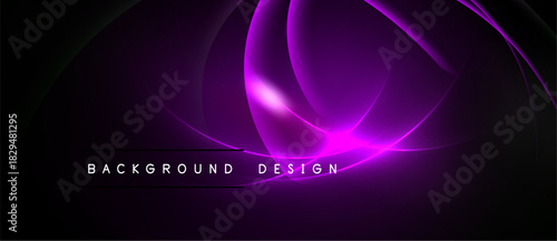 Abstract purple waves form dynamic background. Modern design features glowing lines, dark shades, elegant composition.