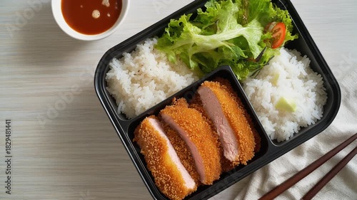 Delicious Japanese bento box with fried chicken katsu, steamed white rice, and fresh green salad, a convenient takeaway lunch meal