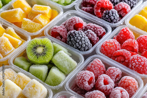 Frozen mixed fruit cubes and berries in plastic containers, frosty texture, vibrant color, appetizing cold dessert image