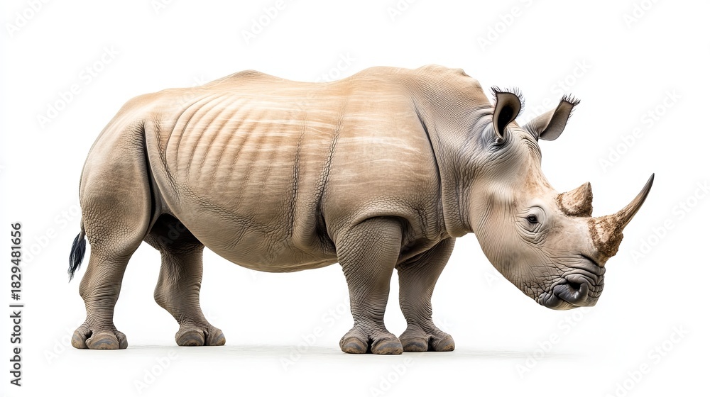 Obraz premium Majestic rhinoceros isolated on white background, wildlife animal portrait, african safari mammal