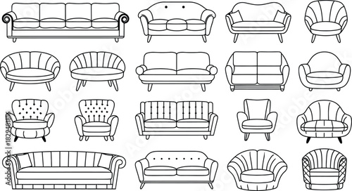 Sofa and Armchair Outline Vector Set, Modern Couch, Lounge Seat Illustration