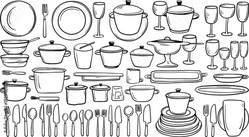 Kitchen Utensils and Tableware Outline Vector Set, Plates, Cutlery, Pots, Glassware Illustration