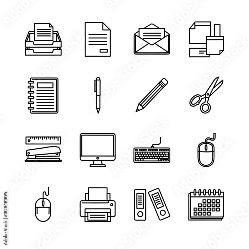 Set of sixteen black and white office supply line icons.