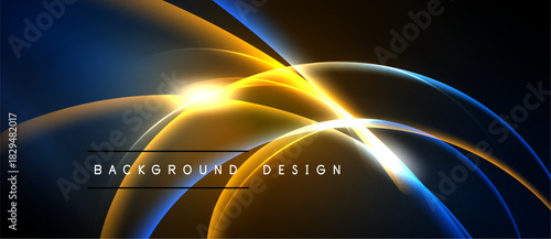 Abstract design features flowing curves, vibrant blues, golds. Light radiates from central point, creating dynamic visual effect. Modern, sleek presentation.