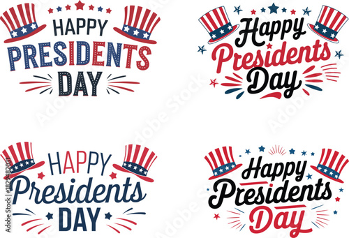 Happy President’s Day Patriotic with Uncle Sam Hat, Hand drawn text lettering for Presidents day in USA, Calligraphic design for print greetings card, sale banner, poster, vector illustration