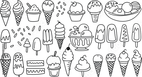 Ice Cream Doodle Vector Set, Cones, Popsicles, Sundaes, Dessert Illustration