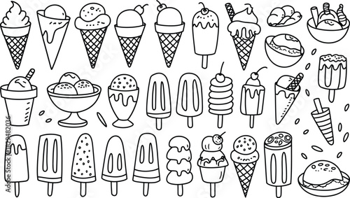 Ice Cream Doodle Vector Set, Cones, Popsicles, Sundaes, Dessert Illustration