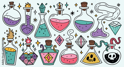 Magic Potion Bottle Vector Set, Witchcraft Elixirs, Fantasy Vials, Spell Element