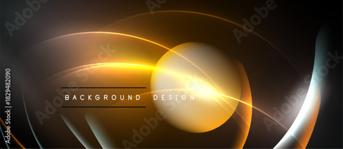 Abstract design features glowing curves, circles, warm colors. Dark background enhances luminosity, creating modern aesthetic.