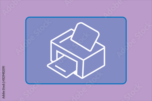 This is a minimalist graphic illustration of a printer or printing machine. The object is rendered entirely in a thick white outline and is centered on a solid purple background.