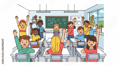 Enthusiastic students raising hands in a vibrant classroom setting.