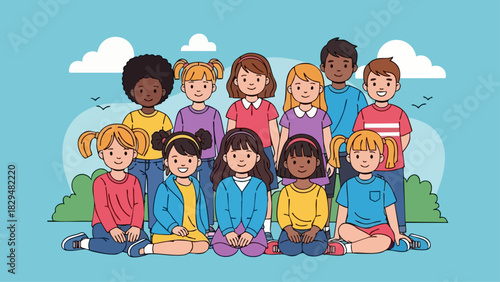 Diverse Group of Children Smiling and Posing Together in a Cartoon Style.