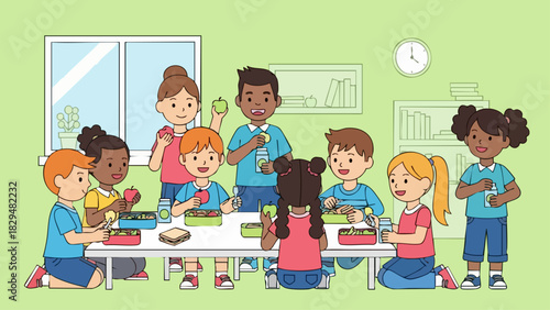 Diverse group of school children and teacher eating lunch together.