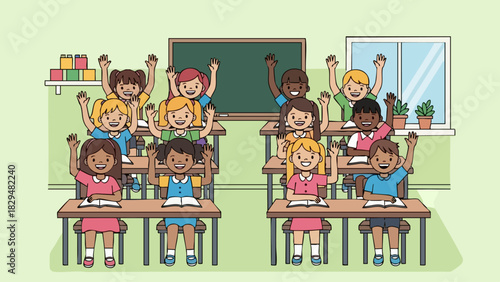 Happy students raising hands in a classroom ready to answer questions.