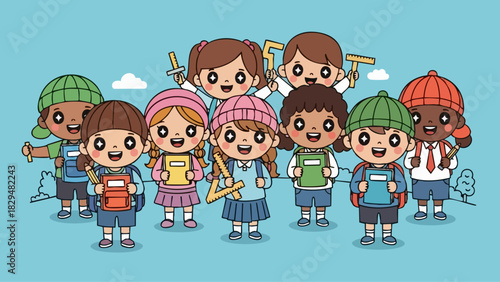 Group of diverse students ready for school with backpacks and books.