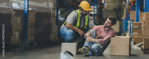 First aid support accident at work of worker at factory. Male worker has an accident on the floor in warehouse site