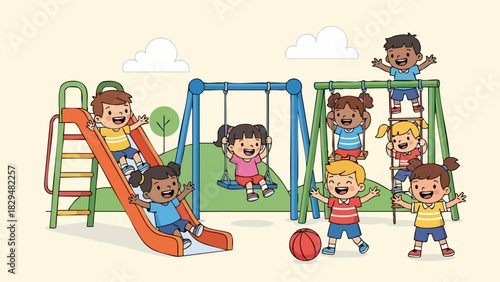 Happy diverse children playing together on a colorful playground.