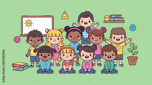 Diverse group of happy children in a classroom setting ready for school and learning.