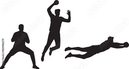 Handball players silhouettes in action: thrower, jumper, and goalie diving