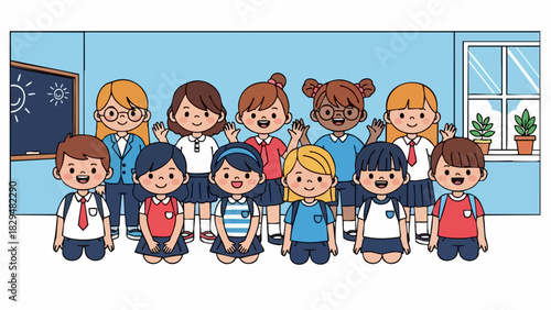 Diverse group of happy school children standing together.
