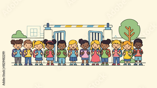 Diverse group of happy cartoon school children standing in a line.