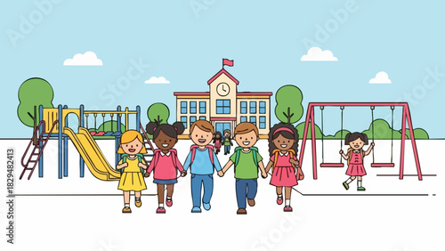 Group of Children Walking Together to School with Playground and Building.