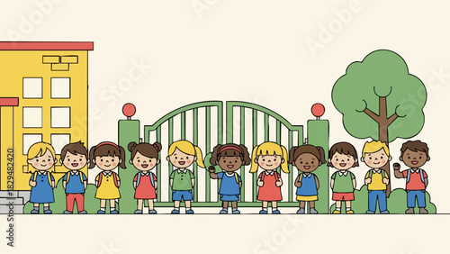 Diverse Group of Children Standing in Front of School Gate.