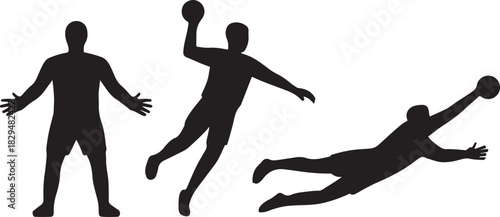 Silhouette of three handball players in action throwing, catching, and defending 