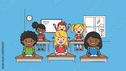 Diverse group of happy cartoon children sitting in a classroom.