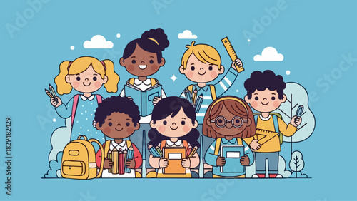 Diverse group of happy students ready for school with backpacks and books.