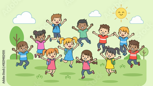 Happy diverse children jumping together with joy and excitement.