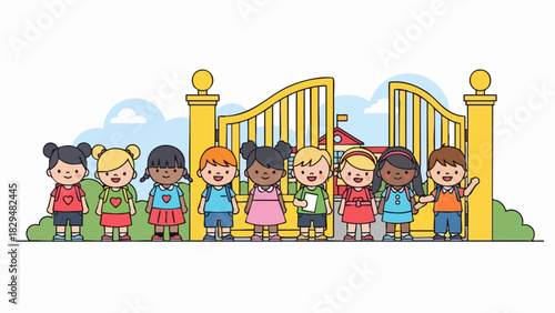 Diverse group of happy children standing together in a friendly line illustration showcasing multicultural kids smiling cheerfully.