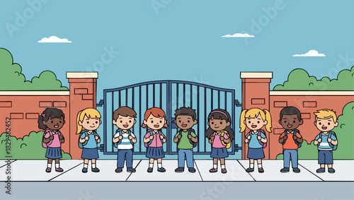 Diverse group of happy elementary school children ready for school.