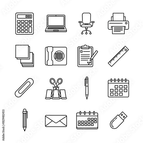 Set of sixteen office supply and business equipment line icons.