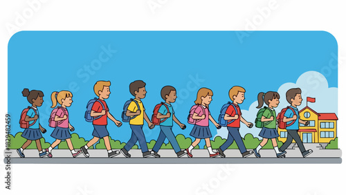 Group of Children Walking to School Together with Backpacks.