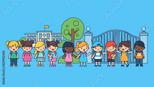 Diverse Group of Children Standing in Front of School Illustration.