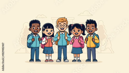 Group of diverse students ready for school with backpacks.