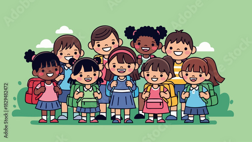 Diverse Group of School Children with Backpacks Ready for Learning.
