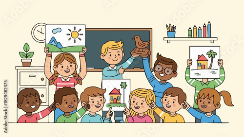 Diverse children proudly display their creative artwork in a vibrant classroom setting.