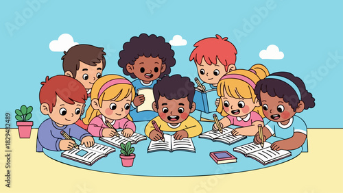 Diverse Group of Children Engaged in Collaborative Learning and Reading.