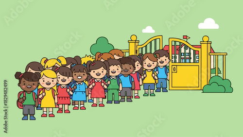 Group of Diverse School Children Waiting in Line at School Gate.