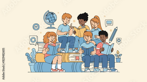 Diverse Group of Children Reading and Learning Together on Books.