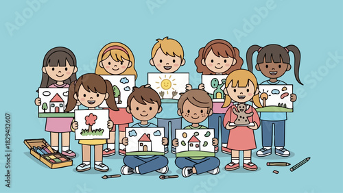 Group of Children Proudly Displaying Their Drawings in a Classroom Setting.