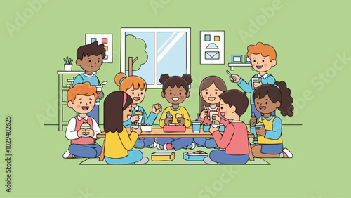 Diverse group of happy children eating lunch together at school.