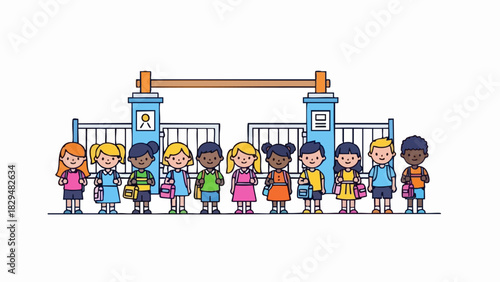Diverse Group of Happy School Children Standing at School Gate Ready for Learning.