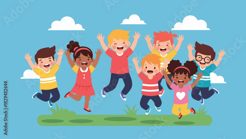 Joyful Children Jumping Together in a Colorful Illustration.