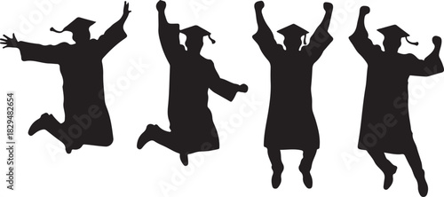 Four graduating students in silhouette jump joyfully with arms raised in celebration